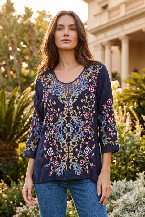 Johnny Was Blue Tulum Embroidered Blouse C14325-7