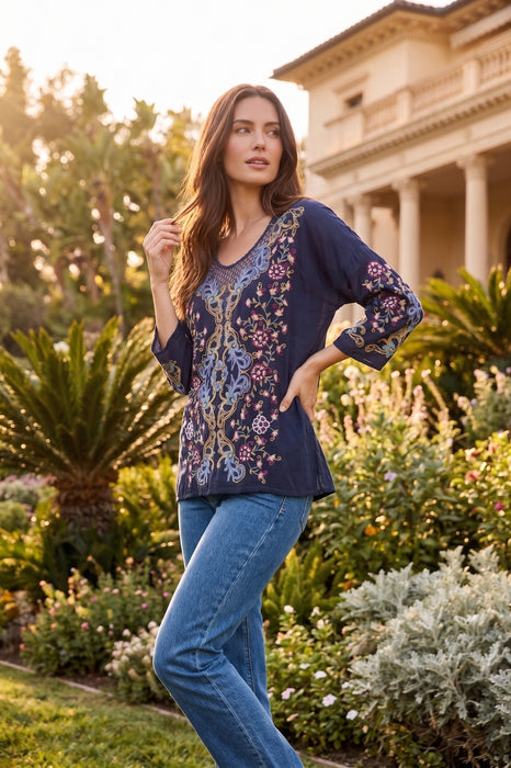 Johnny Was Blue Tulum Embroidered Blouse C14325-7