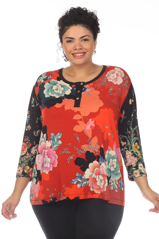 Johnny Was Style T18722-7X Tura Floral Henley 3/4 Sleeve Tee Plus Size