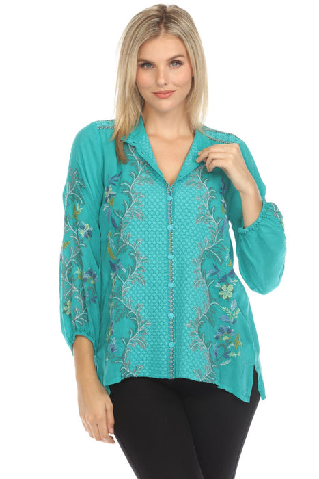 Johnny Was Style C11624-E Turquoise Blue Eleana Embroidered Button-Down Blouse