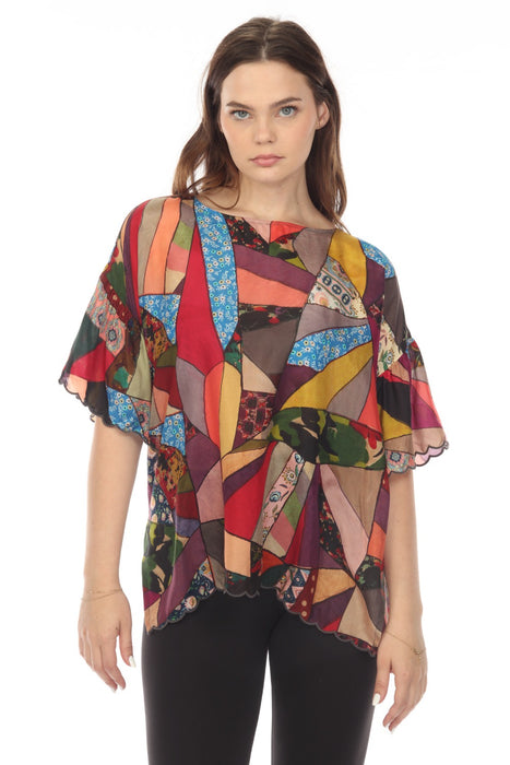 Johnny Was Style C15422B7 Vintage Eloise Silk Patchwork Print Scalloped Top Boho Chic