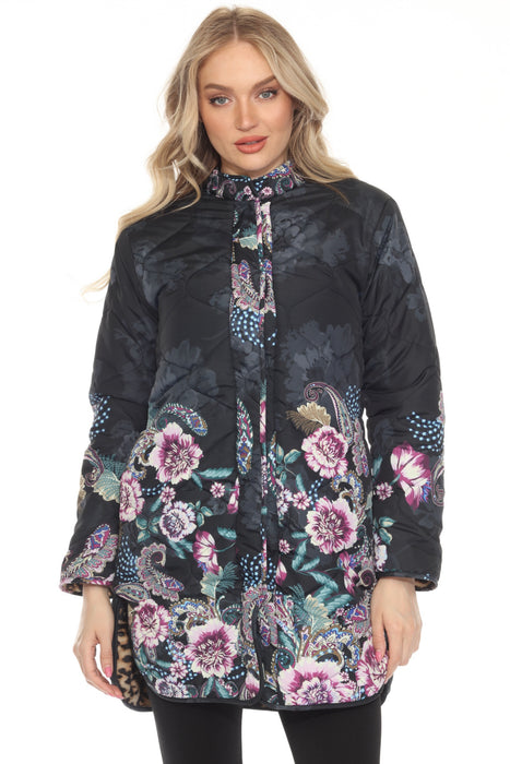 Woman wearing a black floral-patterned puffer jacket