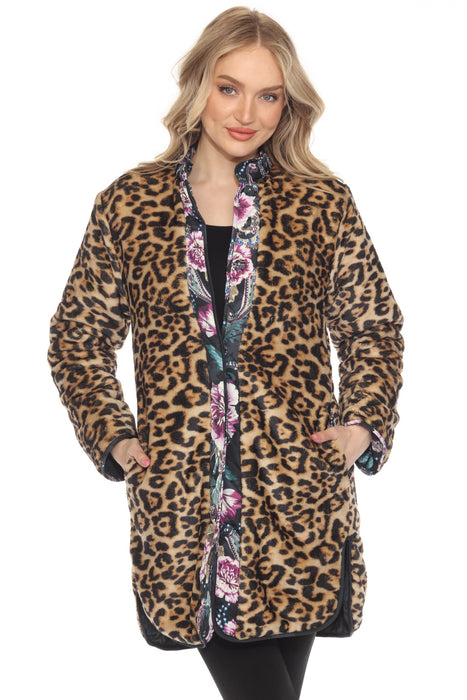 Woman wearing a leopard printjacket with floral trim