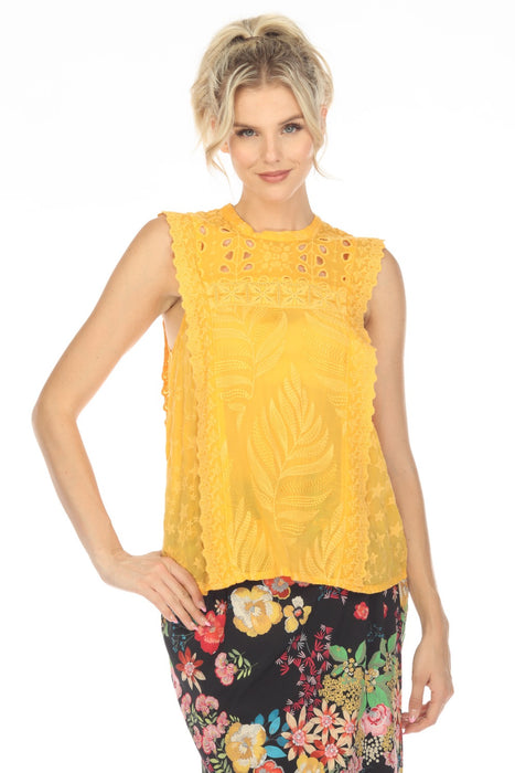 Johnny Was Style C10323 Warm Apricot Leafy Concetta Eyelet Embroidered Sleeveless Blouse Boho Chic