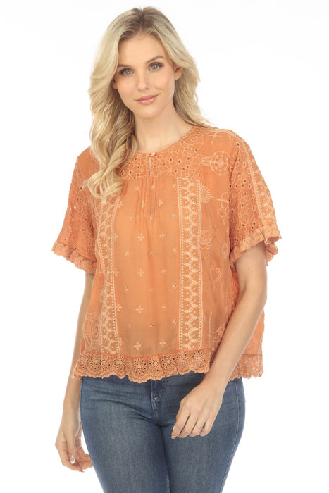 Johnny Was Style C14523 Washed Persimmon Mystic Compass Embroidered Blouse Boho Chic