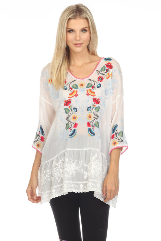 Johnny Was Style C25923 White Cherie Floral Embroidered Tunic Top Boho Chic