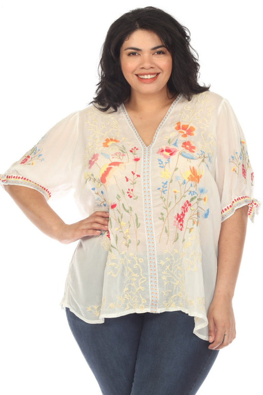 Johnny Was Style C12523 White Cosette Embroidered Tie Sleeve Blouse Plus Size