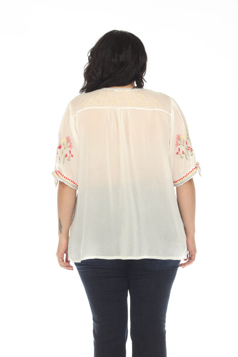 Johnny Was White Cosette Embroidered Tie Sleeve Blouse Plus Size C12523