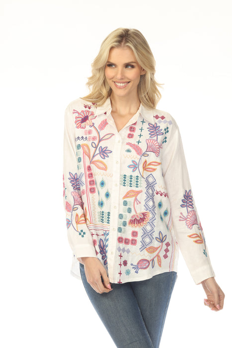 Johnny Was White Embroidered Button Down Shirt 4469-JW