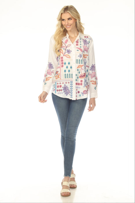 Johnny Was White Embroidered Button Down Shirt 4469-JW