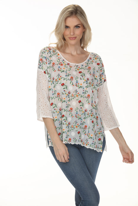 Johnny Was White Embroidered Caralyn 3/4 Sleeve Blouse C10826-3