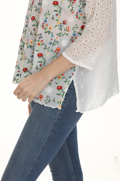 Johnny Was White Embroidered Caralyn 3/4 Sleeve Blouse C10826-3