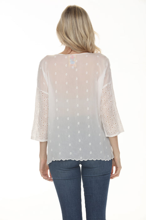 Johnny Was White Embroidered Caralyn 3/4 Sleeve Blouse C10826-3