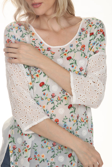 Johnny Was White Embroidered Caralyn 3/4 Sleeve Blouse C10826-3