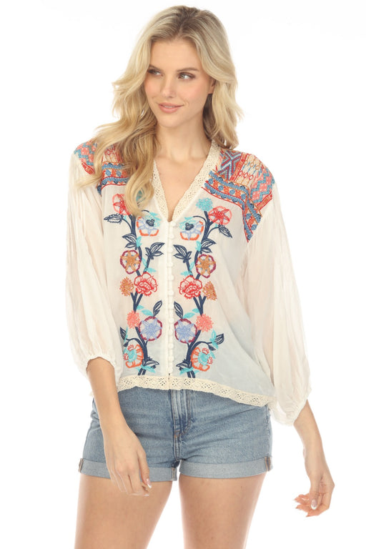 Johnny Was Style C15008 White Floral Embroidered Button-Down Blouse Boho Chic