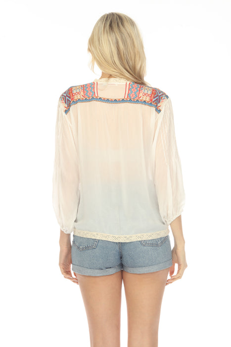 Johnny Was White Floral Embroidered Button-Down Blouse Boho Chic C15008
