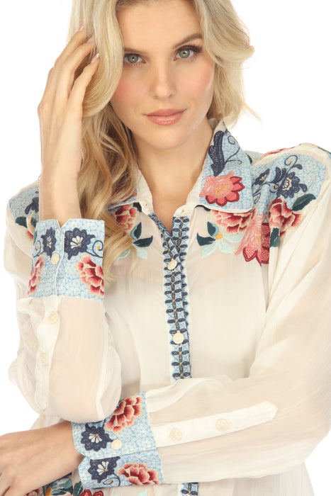 Johnny Was White Floral Embroidered Button-Down Blouse Boho Chic C20008