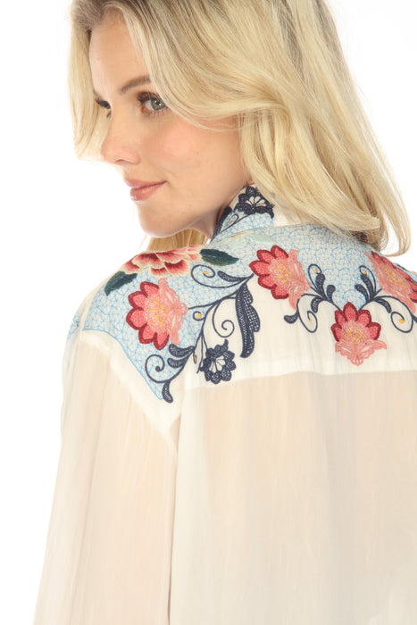 Johnny Was White Floral Embroidered Button-Down Blouse Boho Chic C20008