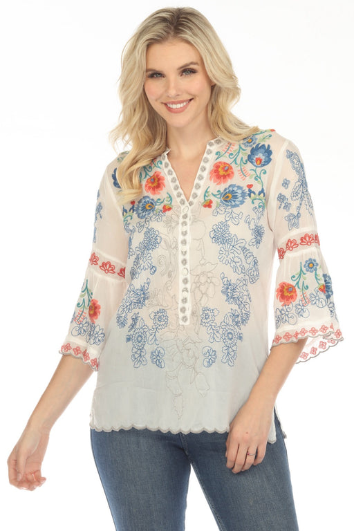 Johnny Was Style C12723 White Maverick Embroidered 3/4 Sleeve Blouse Boho Chic