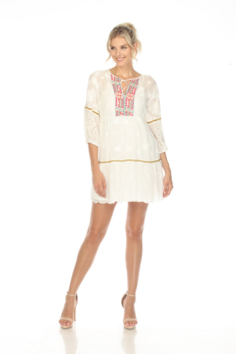 Johnny Was Style C37623-4 White Meow Eyelet Embroidered Tunic Slip Dress Boho Chic