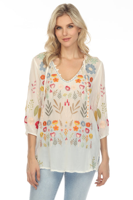 Johnny Was Style C26023 White Mikah Floral Embroidered 3/4 Sleeve Tunic Top Boho Chic
