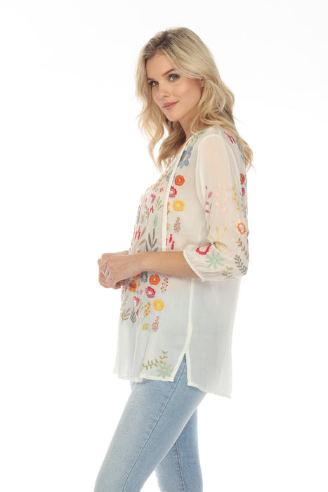 Johnny Was Mikah Floral Embroidered 3/4 Sleeve Tunic Top Boho Chic C26023 NEW