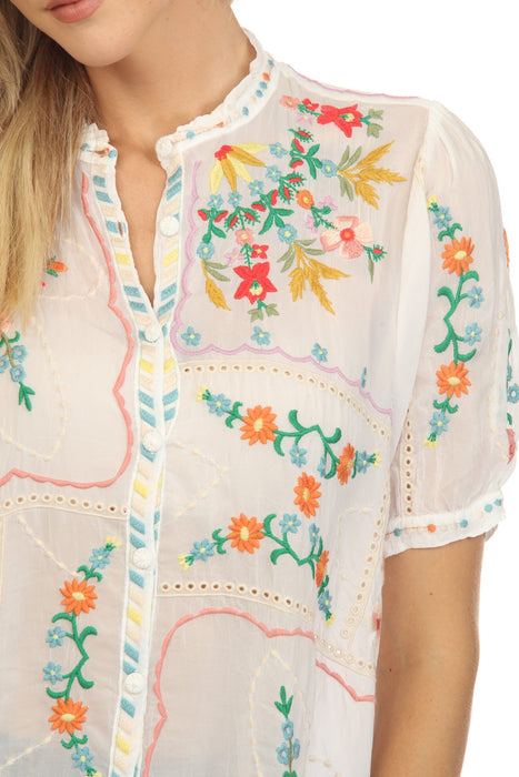Johnny Was Mircea Embroidered Short Sleeve Blouse Boho Chic C11923