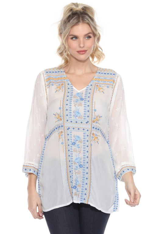 Johnny Was Style C20624 White Palmari Embroidered V-Neck Tunic Top