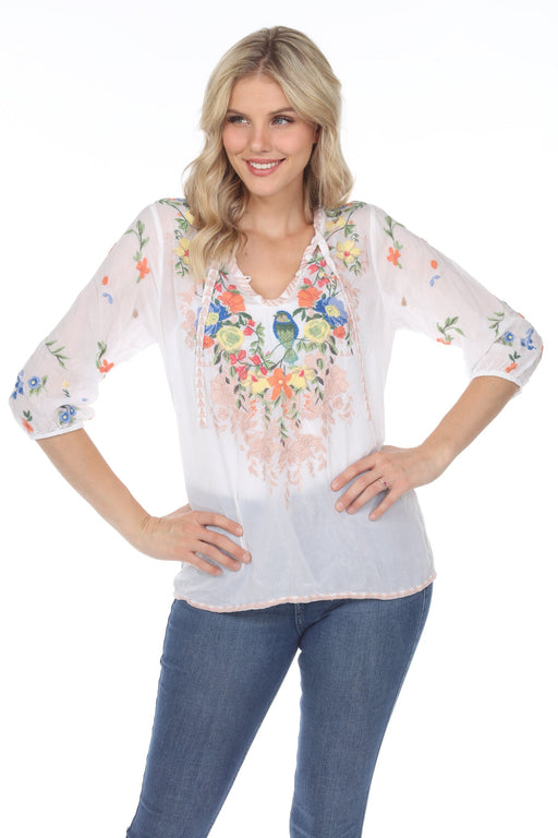 Johnny Was Style C11322 White Taifa Embroidered 3/4 Sleeve Blouse Boho Chic
