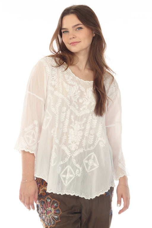 Johnny Was Style C13622 White Victoria Embroidered 3/4 Sleeve Blouse Boho Chic