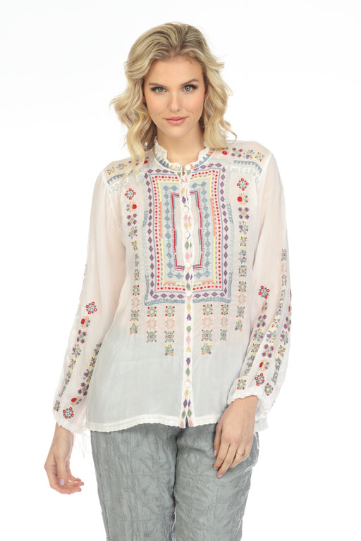 Johnny Was Style C11222 White Zeru Embroidered Long Sleeve Blouse Chic
