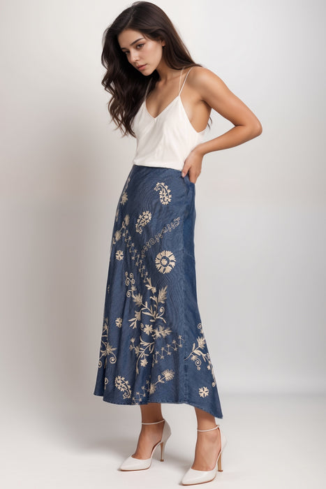 Johnny Was Workshop Denim Blue Allison Bias Maxi Skirt W72624-E