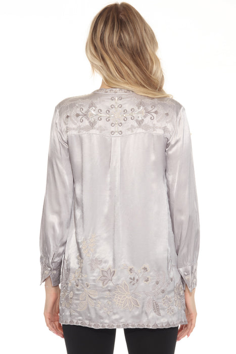 Johnny Was Workshop Silver Annalina Henley Voyager Tunic Top W21224-O