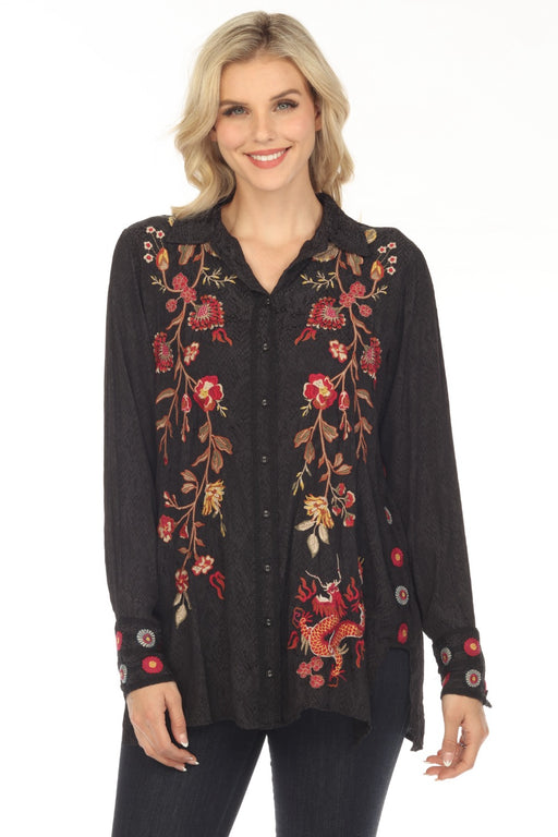 Johnny Was Workshop Style W28423 Black Lilith High Slit Embroidered Tunic Top Boho Chic