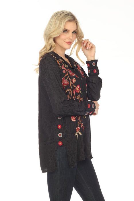 Johnny Was Workshop Black Lilith High Slit Embroidered Tunic Top Boho Chic W28423