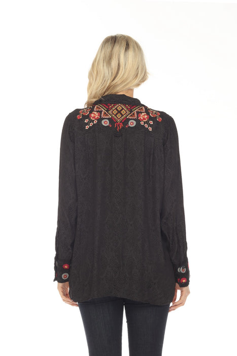 Johnny Was Workshop Black Lilith High Slit Embroidered Tunic Top Boho Chic W28423