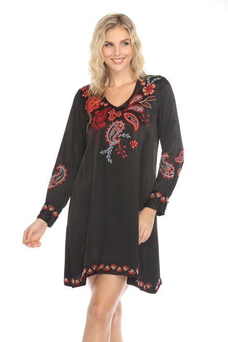 Johnny Was Workshop Style W30524 Black Sezana V-Neck Embroidered Swing Dress