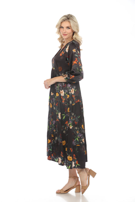 Johnny Was Workshop Black Silk Floral Print 3/4 Sleeve Midi Dress Boho Chic W37524