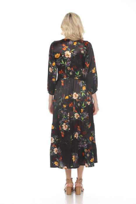 Johnny Was Workshop Black Silk Floral Print 3/4 Sleeve Midi Dress Boho Chic W37524