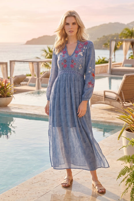 Buy Johnny Was Blue Embroidered V-Neck Maxi Dress W30523 — AfterRetail