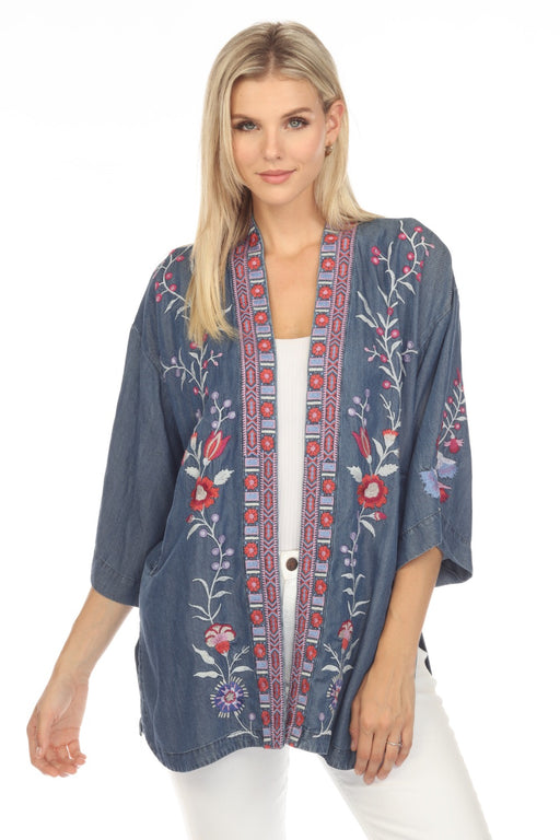 Johnny Was Workshop Style W41023 Blue Piper Embroidered Shirt Tail Kimono Boho Chic