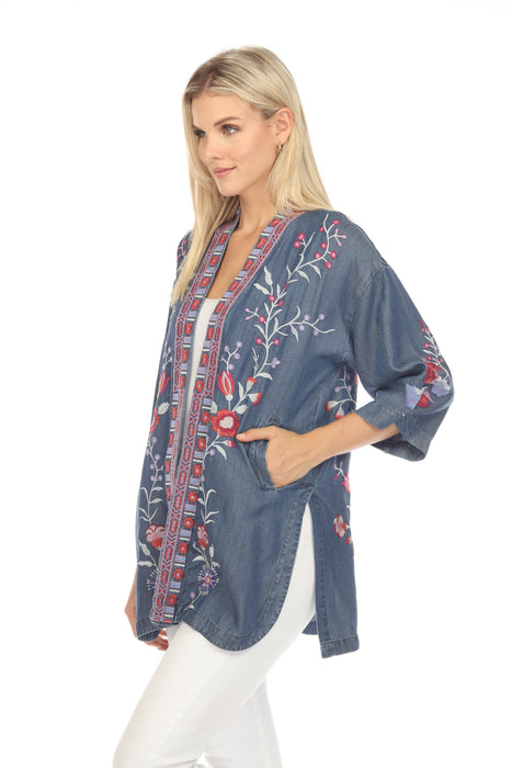 Johnny Was Workshop Blue Piper Embroidered Shirt Tail Kimono Boho Chic W41023