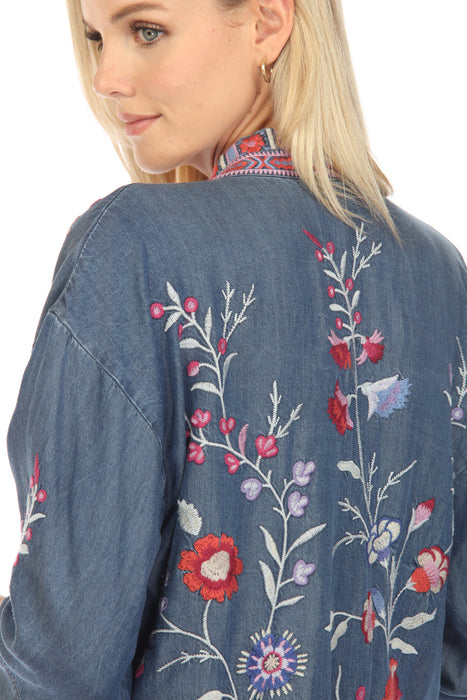 Johnny Was Workshop Blue Piper Embroidered Shirt Tail Kimono Boho Chic W41023