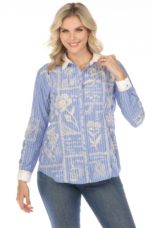 Johnny Was Workshop Style W18324 Stripe Botanique Double Button Oversized EmbroideredShirt Boho Chic