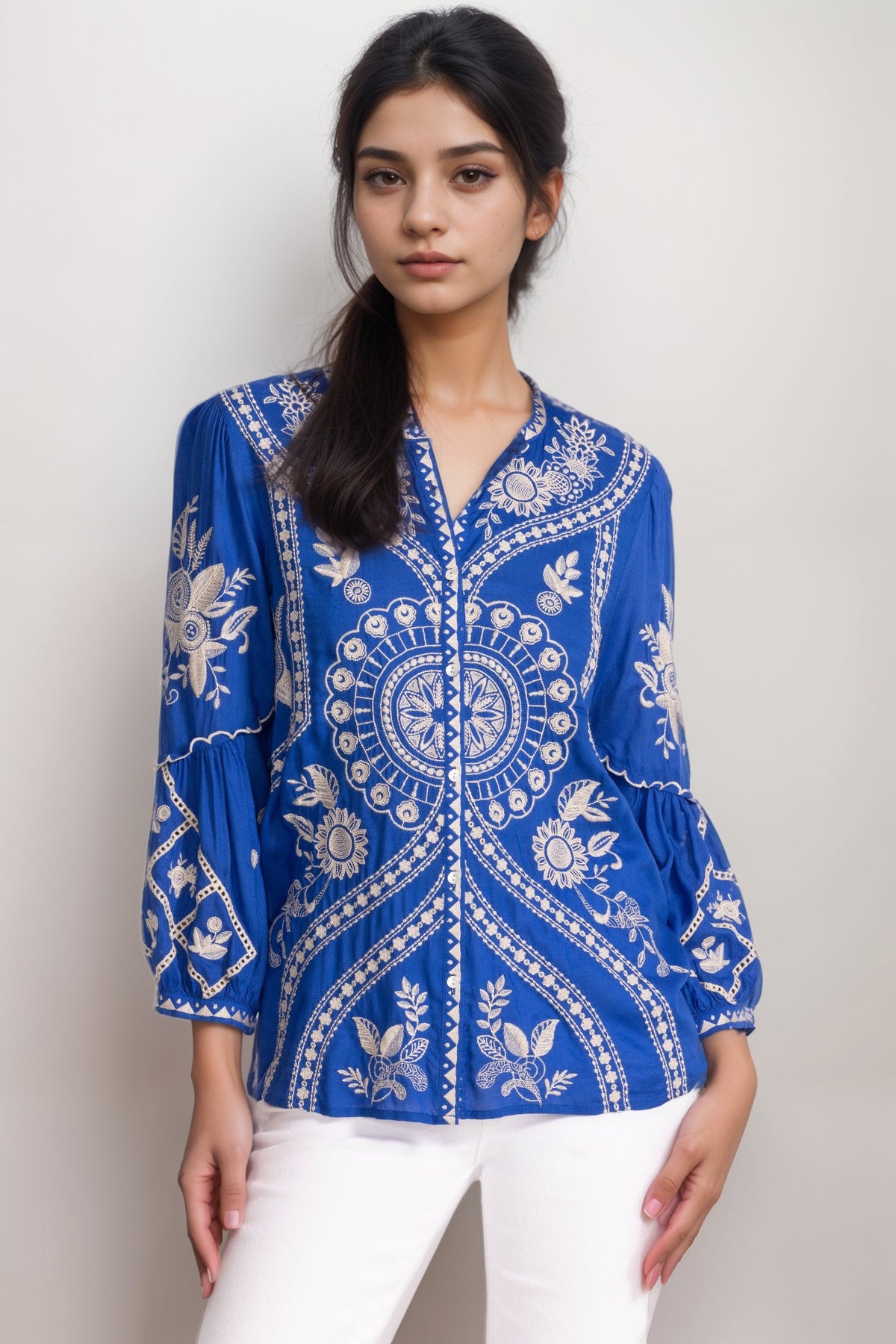 Johnny Was Brynlee Scallop Sleeve Blouse – Embroidered Blue Boho