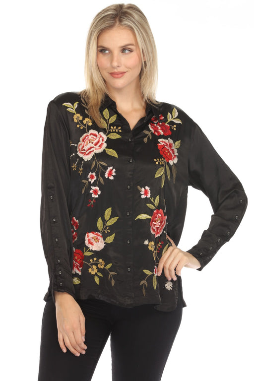 Johnny Was Workshop Style W16124-O Black Button Detail Relaxed Floral Embroidered Shirt