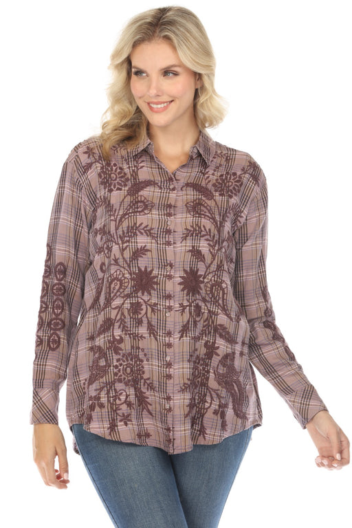 Johnny Was Workshop Style W27523 Plaid Chloe Oversized Embroidered Shirt Tunic Boho Chic