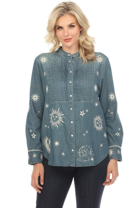 Johnny Was Workshop Style W17624 Denim Blue Andromeda Tuxedo Shirt Boho Chic