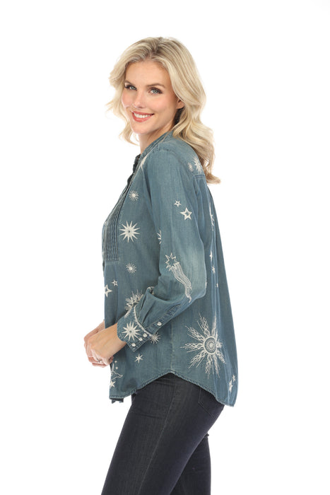 Johnny Was Workshop Denim Blue Andromeda Tuxedo Shirt Boho Chic W17624