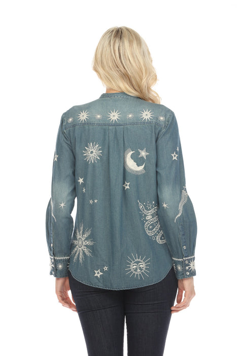 Johnny Was Workshop Denim Blue Andromeda Tuxedo Shirt Boho Chic W17624